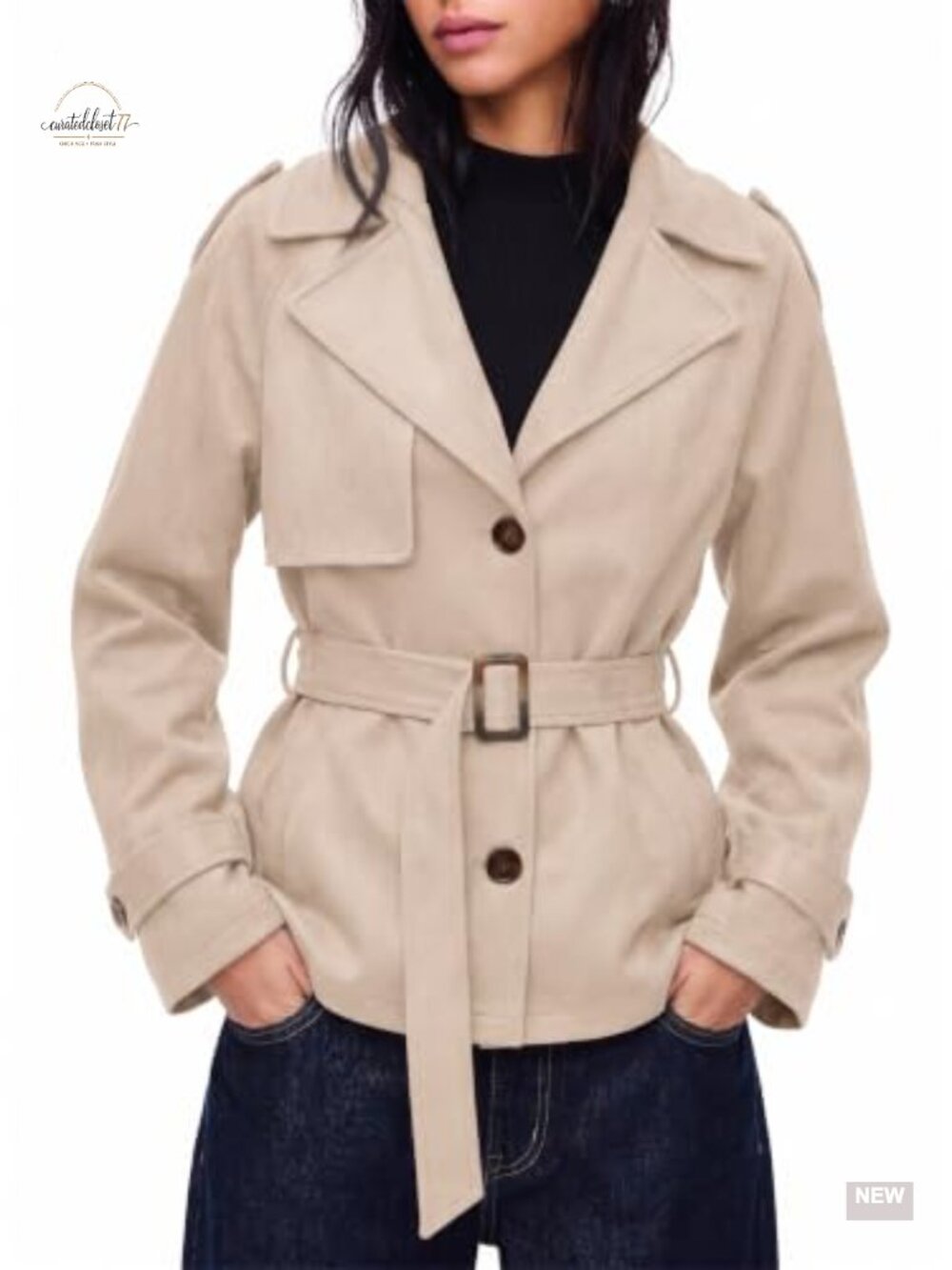 Faux Suede Short Trench Coat with Belt Button Down Lapel Women's